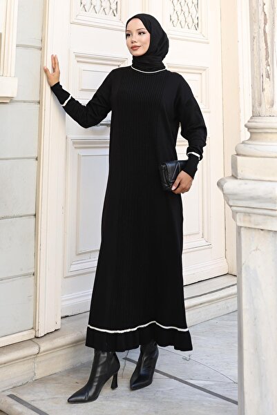 Modamihram Rochie de tricotaj cu detaliu de piatră cu manșetă neagră 6150