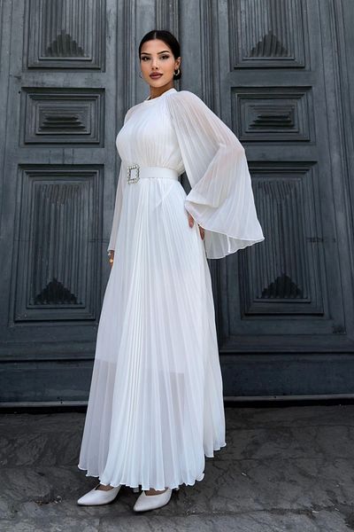 lodmela Pleated Detailed Belted Comfortable Formal Evening Dress 2183-White