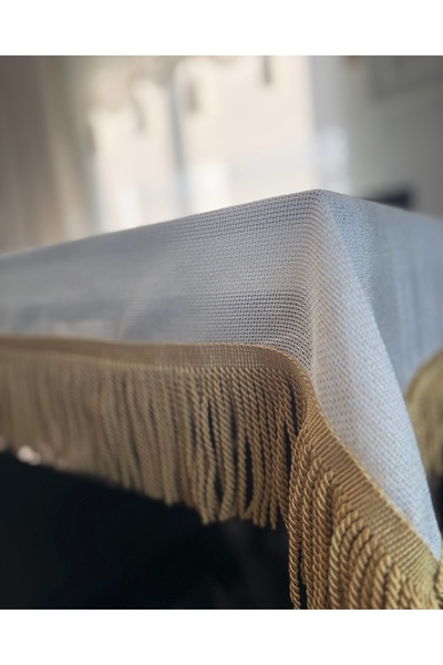 AYDINDOKUMA Ayla Glitter Ecru Design Table Cloth Dowry Service Gold Fringed Thin Tulle Cover