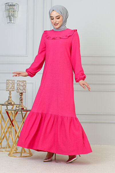 Moda Ebva Kolu Lastikli Fırfır Detay Tesettür elbise-3161 Fuşya