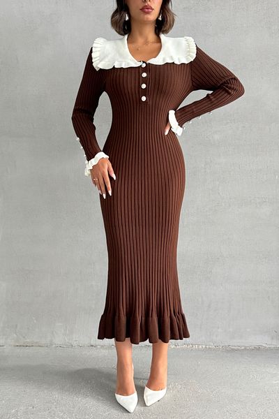 Lusin Women's Brown Stylish Collar Detailed Midi Length Knitwear Dress (New Color)