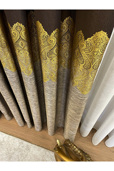 Brillant Kahverengi - Damask Desenli 1/3 SIK Pile Fon Perde