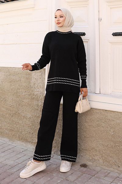 Modamihram Stripe Detailed Knitwear Suit Black 6151