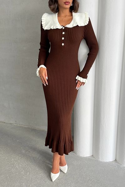 Lusin Women's Brown Stylish Collar Detailed Midi Length Knitwear Dress (New Color)