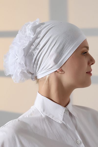 ihvanonline Women's Ruffled Laced Hijab Bun Bonnet - White