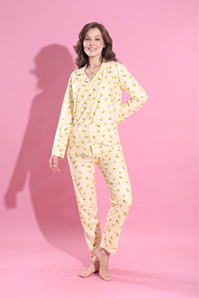 Elit Sarı Limon Önden Düğmeli Kışlık Süet Kadın Pijama Takımı