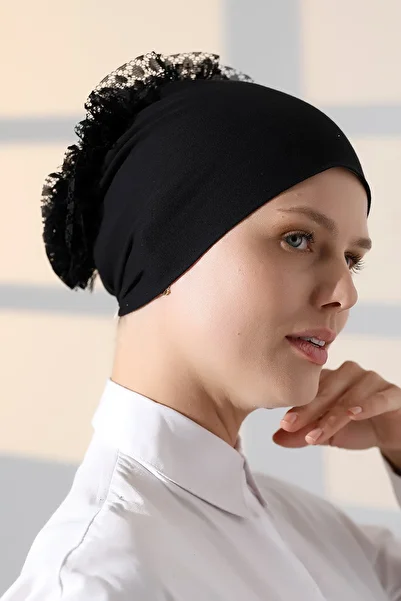 ihvanonline Women's Ruffled Laced Hijab Bun Bonnet - Black