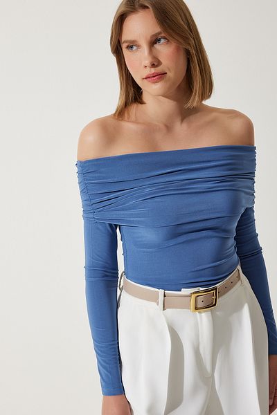 Lovelyİstanbul Sandy Blouse with Off-The-Shoulder Gather Detail Lff0007 Indigo Blue