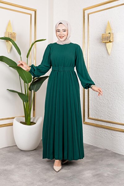 Moda Ebva Kemerli Pliseli Tesettür Elbise-3042 Zümrüt yeşili