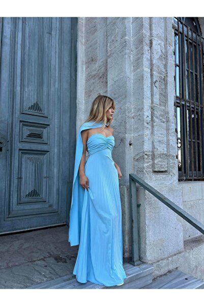 theanemos Straplez Pileli Şal Detaylı Elbise - Mavi