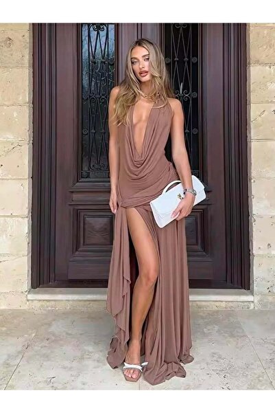theanemos Kahverengi Degaje Yaka Derin Sırt Dekolteli Elbise
