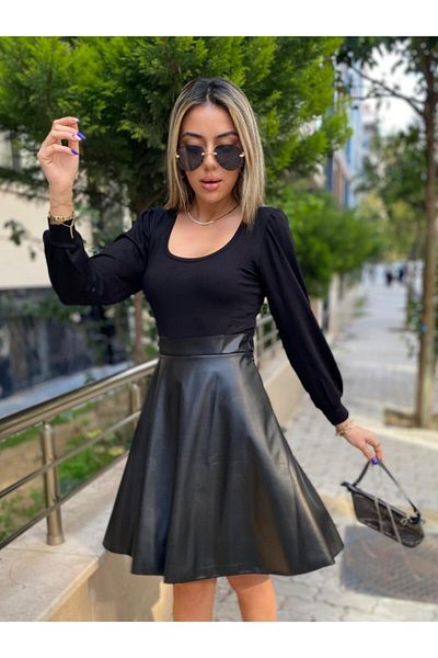 StilVibe Square Collar Lantern Long Sleeve Pu Dress Editor's Picks
