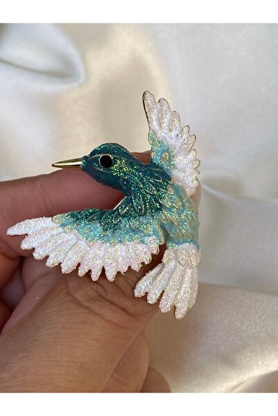kurukafagift BROŞ Yeşil Beyaz Kuş Figürlü