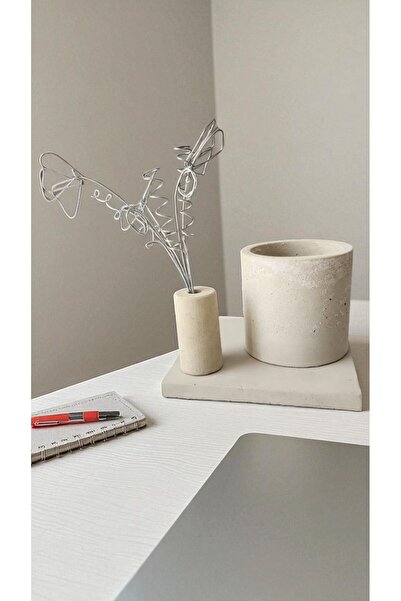 SENZATEMPO DECOR Masaüstü Dekoratif Kalemlik ve Tel Çiçek Vazo El yapımı Beto...