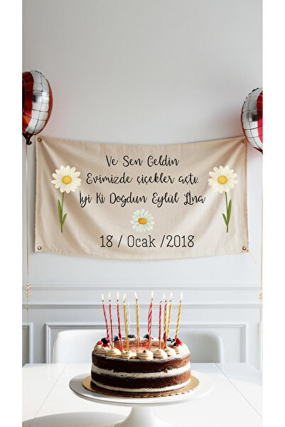 Puppetzzz isme Özel Çiçek Konseptli Doğum günü Flaması Duvar Halısı