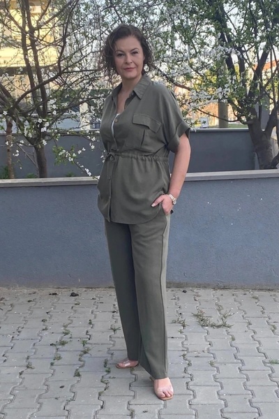 Mia Butik Women's Khaki Front Gather Detailed Linen Suit