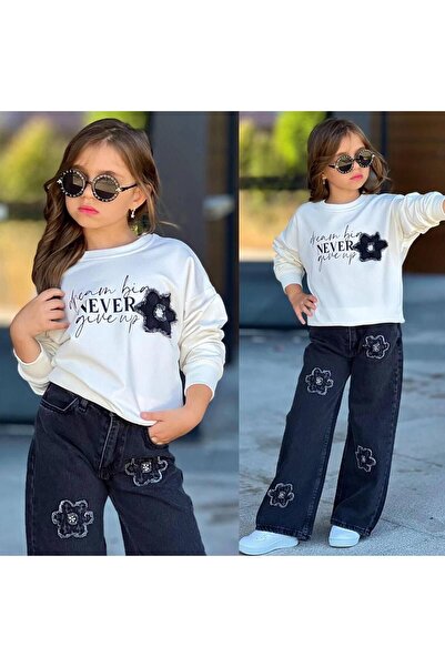 RAPAPA Girl's (Adjustable Waist) Sweat & Floral Embroidered Jeans Suit 2610E