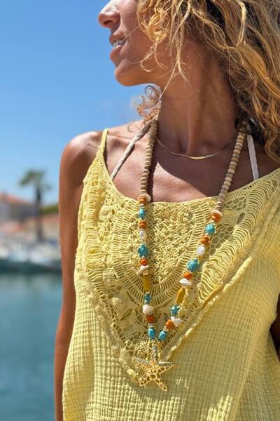 Güneşkızı Long Design Necklace with Wooden Beads and Star Object