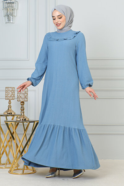 Moda Ebva Kolu Lastikli Fırfır Detay Tesettür elbise-3161 Açık mavi