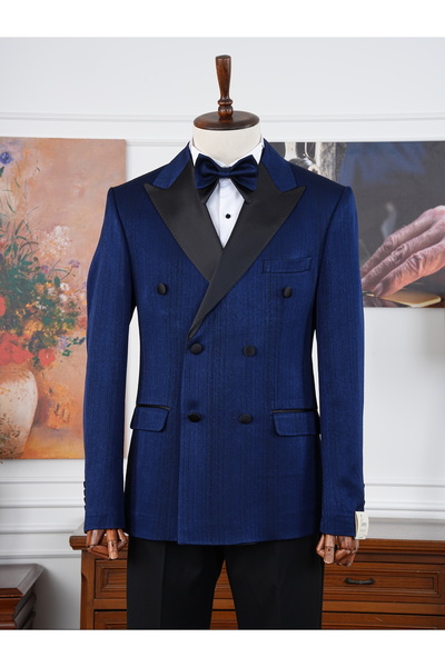 PAREZ Erkek Slim Fit İtalyan Stil Kendinden Desenli Kruvaze Smokin Damatlık - Lacivert - XPRZCOM8324-02