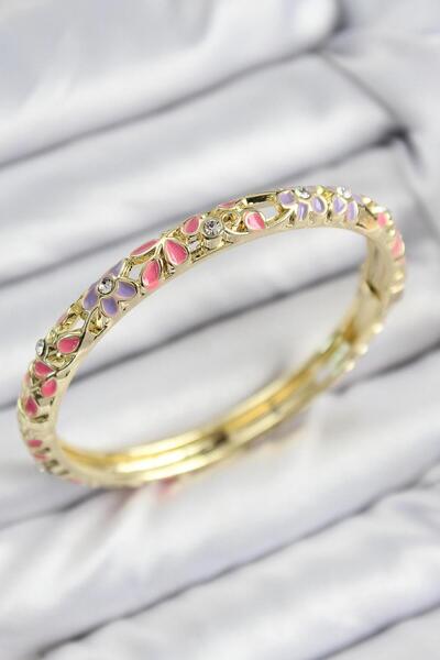 Genel Markalar Mineli Pirinç Zirkon Taşlı Pembe Mor Çiçek Motifli Gold Kadın ...