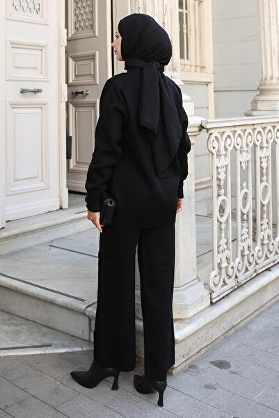 Modamihram Taş Detaylı Triko Takım Siyah 6148