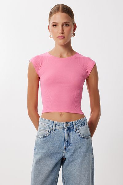 Lovelyİstanbul Pack of 2 Basic Ribbed Knitted Crop Blouse Lmx0123 Orange Pink