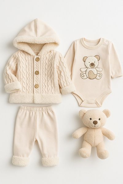İZYALİF BABY Baby Boy Teddy Bear 3-Piece Knitwear Cardigan Set with Plush Detail Cotton