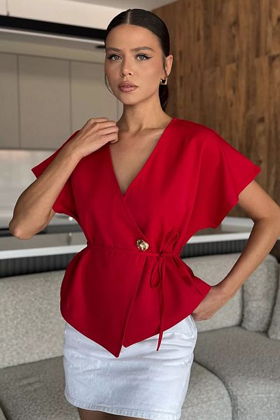 GÜLSELİ Red Double Breasted Collar Waist Lace up Sleeveless Short Jacket