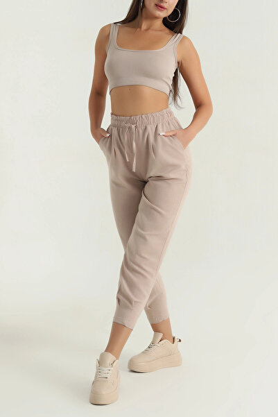 VıoShıne Pantaloni de damă din in țesut, cu talie înaltă și manșete la picior