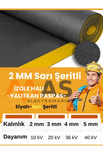 MASELEKTROMARKET İzole Halı Yalıtkan Paspas Sarı İKaz Şeritli 2mm 1×1 (1MT) İZOLE PASPAS ELEKTRİK PANO HALISI 10kW