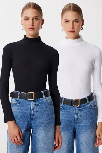 Lovelyİstanbul 2 Pack Turtleneck Ribbed Knitted Blouse Lmx0126 Black White