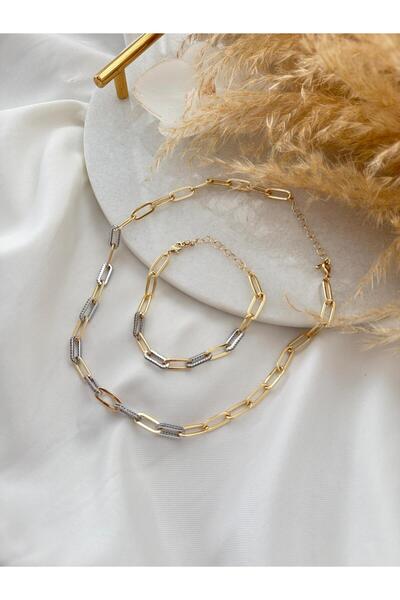 BEBİ BİJUTERİ Row Paper Clip Chain 2 Color Zircon Stone Necklace Bracelet Set