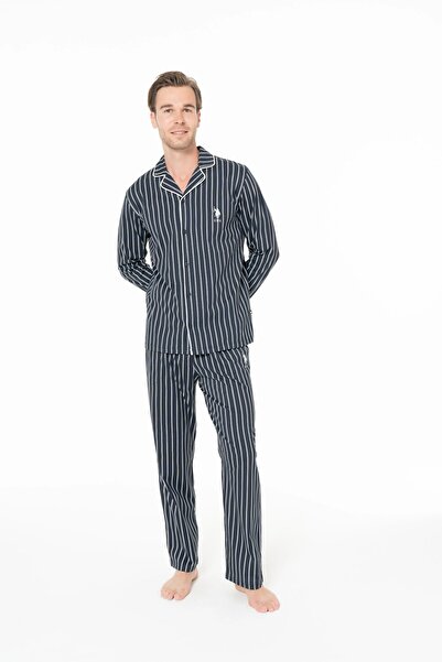 U.S. Polo Assn. Önden Düğmeli, Çizgili Erkek Pijama Takımı, Cepli, %100 Pamuklu, Uzun Kollu, Gömlek Yaka, Lacivert