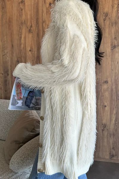 GÜLSELİ Cream Women's Bearded Knitwear Cardigan
