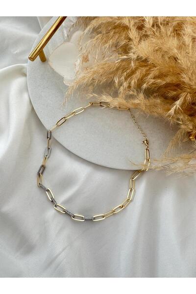 BEBİ BİJUTERİ Row Paper Clip Chain 2 Color Zircon Stone Necklace Bracelet Set