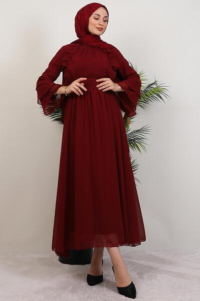 GİYZAMİLA Ruffled Chiffon Dress Burgundy