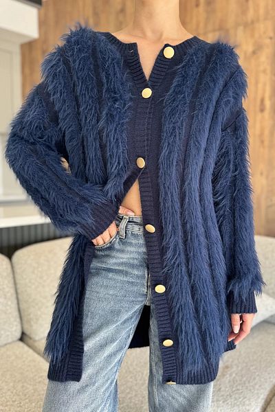 GÜLSELİ Navy Blue Women's Bearded Knitwear Cardigan