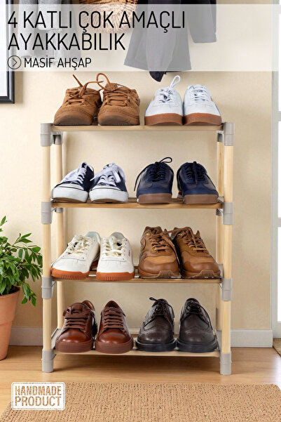 Nandy Home 4 Katlı Ayakkabı Düzenleyici, Çok Amaçlı Ayakkabılık, Masif Ahşap Raf