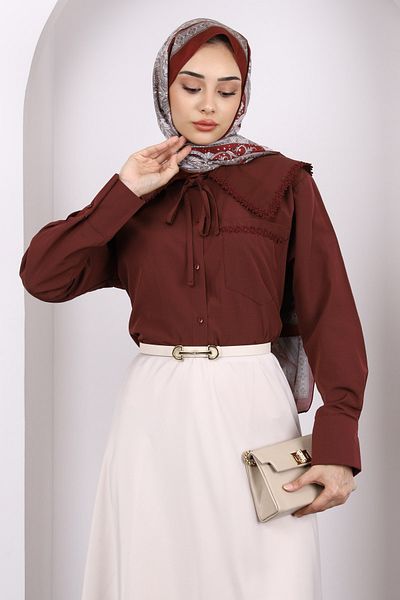 İmajButik Burgundy Collar Fisto Detailed Shirt