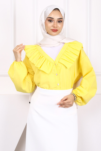 İmajButik Yellow Collar Ruffled Button Shirt