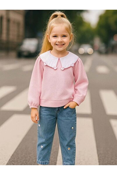 kidsense طقم بنطلون جينز مطرز بالزهور وياقة قلب للفتيات