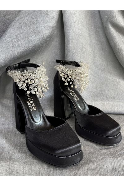 Felisya Butik Black Satin, Pearl Stone Platform High Heel Evening Dress Shoes 10Cm-Feli̇syabuti̇k