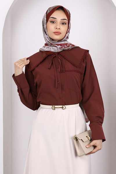 İmajButik Burgundy Collar Fisto Detailed Shirt