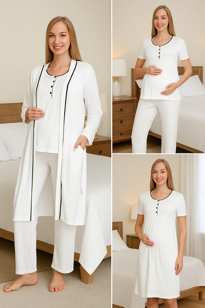 Miss Dünya Lissa White Morning Short Sleeve Breastfeeding Suitable Pregnant and Postpartum 4 Piece Pajama Set