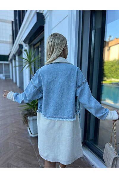 For Angels Half Button Polo Neck Long Denim Cardigan