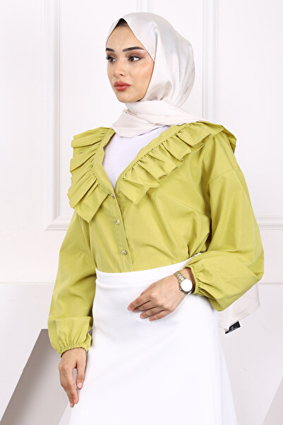 İmajButik Πουκάμισο με κουμπιά με βολάν με πράσινο γιακά