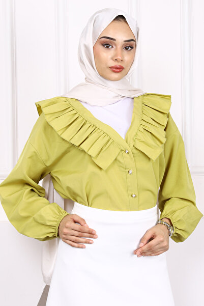 İmajButik Πουκάμισο με κουμπιά με βολάν με πράσινο γιακά