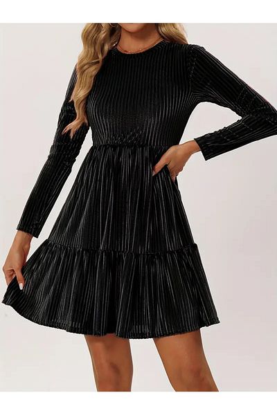 StilVibe Long Sleeve Velvet Ruffle Hem Dress