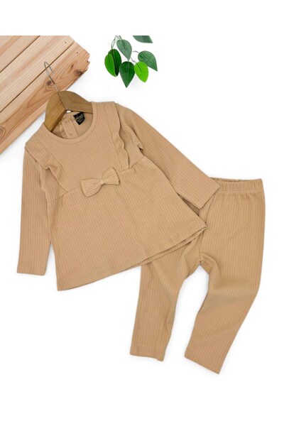 Ege Bebek Baby Girl Body with Bow Detail, Corduroy Fabric, Seasonal 9-12-18-24 Months Daily 2-Piece Bottom Top Set